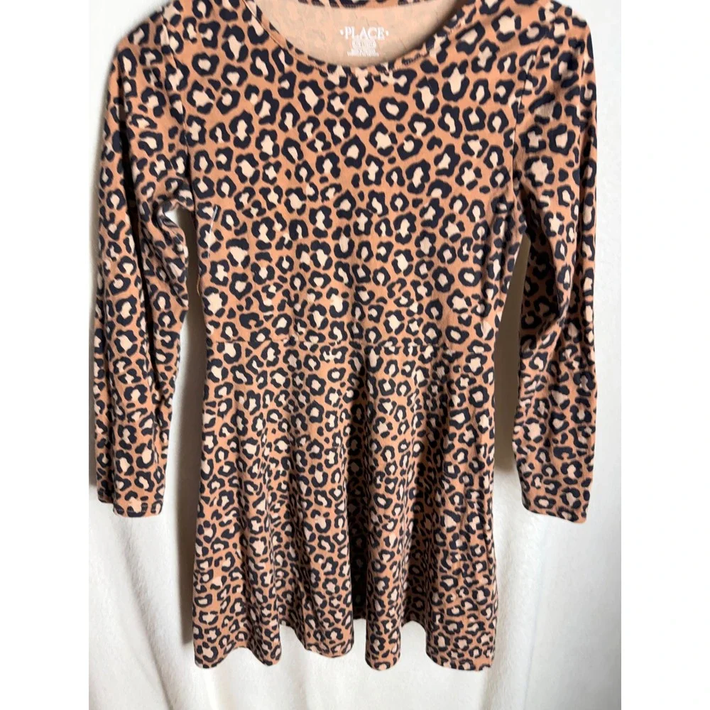 The Childrens Place Girls Brown Leopard Print Long Sleeve Dress SZ L 10/12